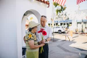 Senior couple sharing a tender moment with flowers on a sunny day, showcasing love and affection.